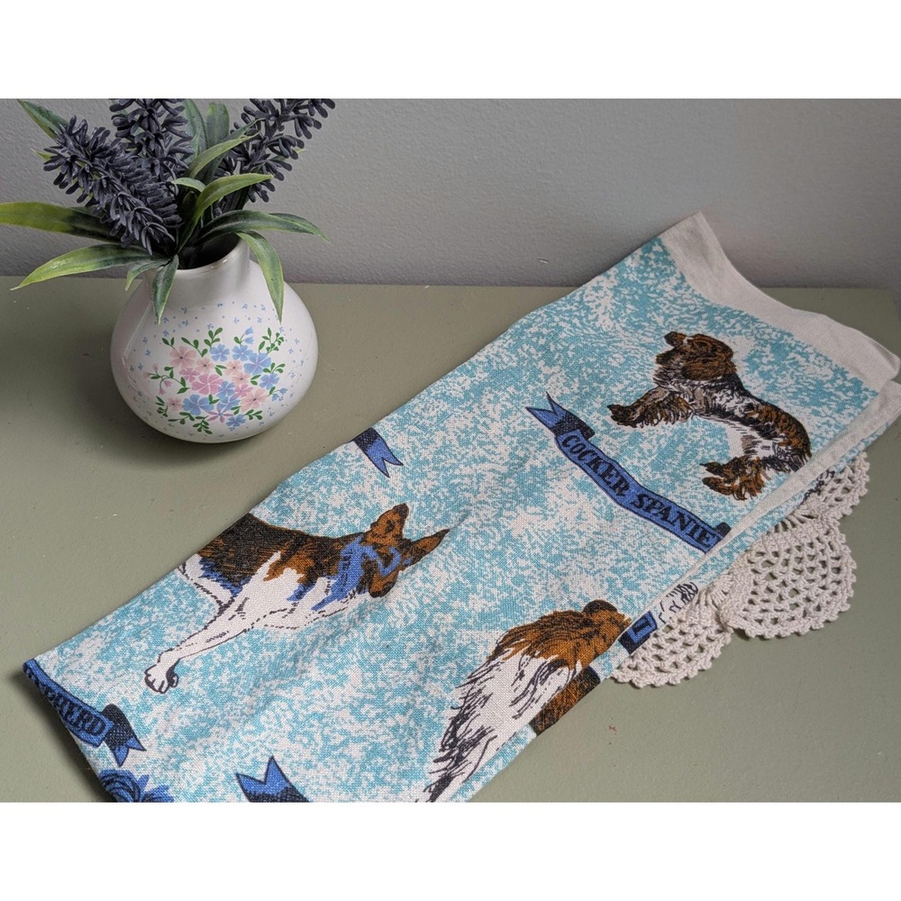 Vintage Dog Breeds Tea Towel 1960s Blue Linen Cocker Collie Poodle